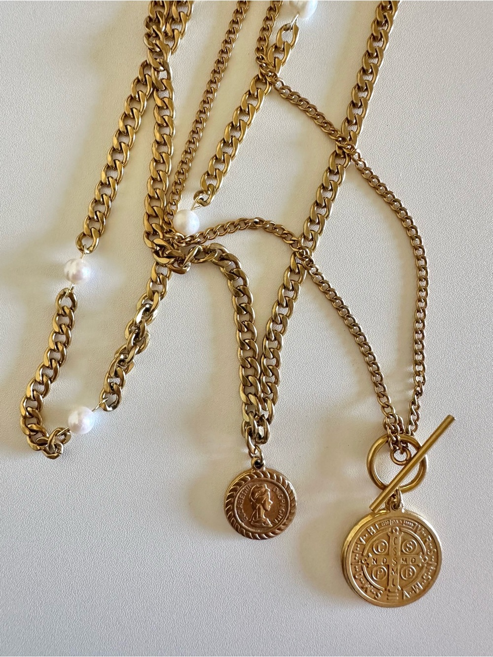 Bundle Gold-Tone Coin Vintage & Pearl Necklace 3Pack Stainless Steel Gold Color